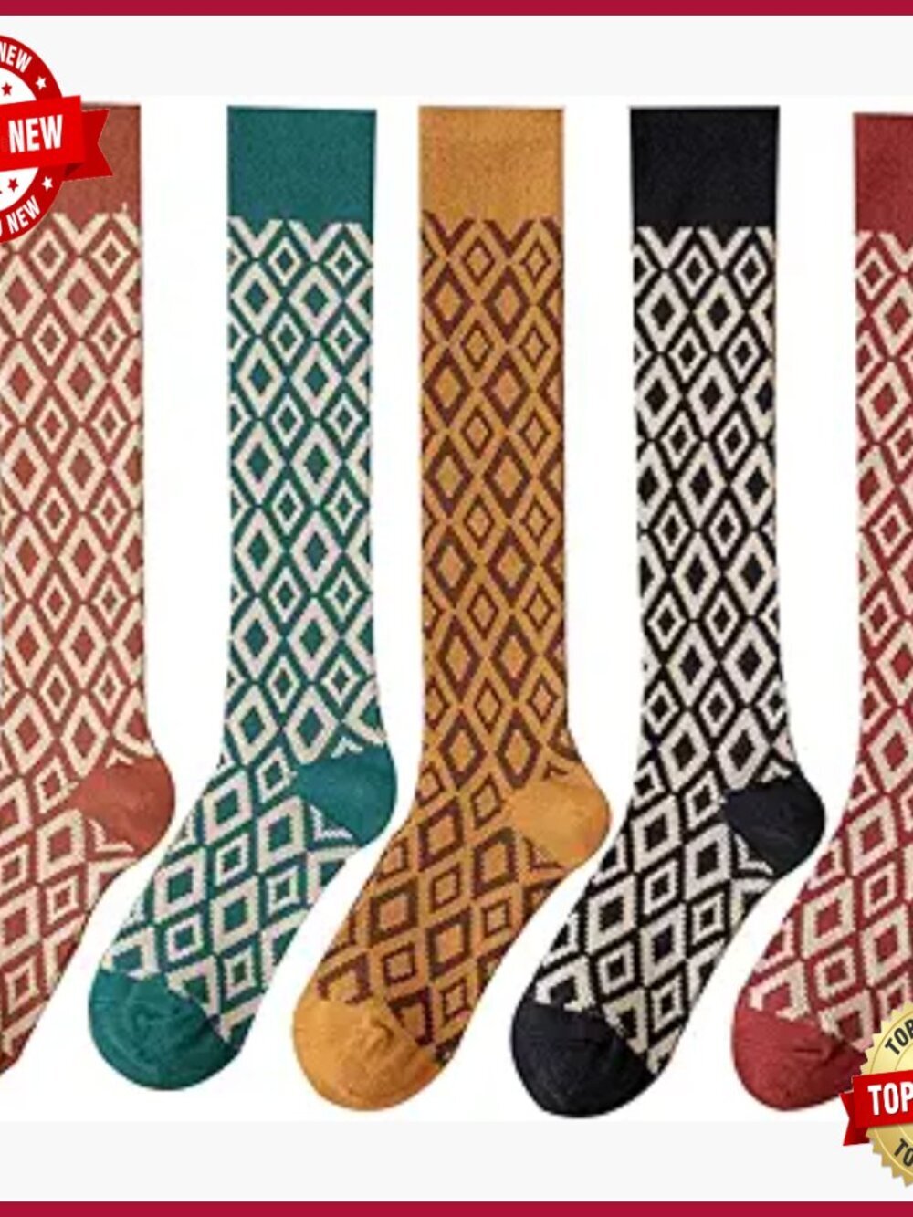 Knee High Socks Argyle Tube Socks Stretchy Soft Cotton Vintage Novelty